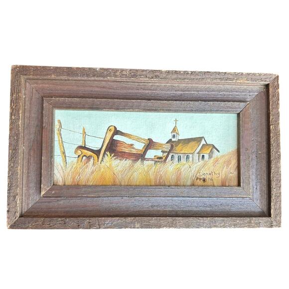 Original Artwork- Painting- Church Countryside- Brown Frame- 10x5.5 in - Picture 1 of 5